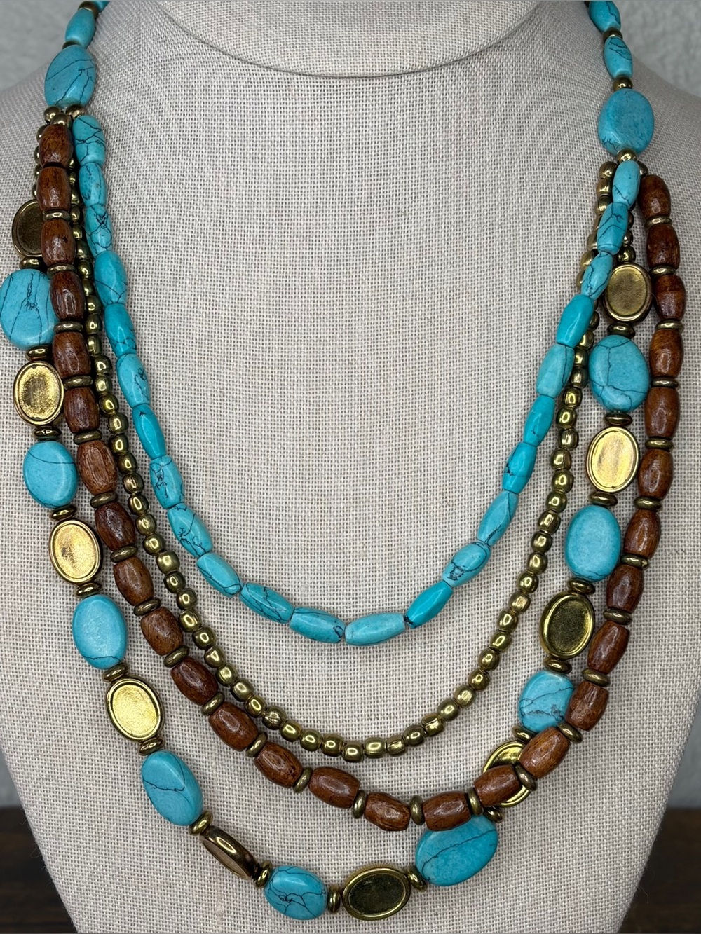 ZAD Multi Strand Turquoise Wood Bead Statement Necklace Boho Southwestern